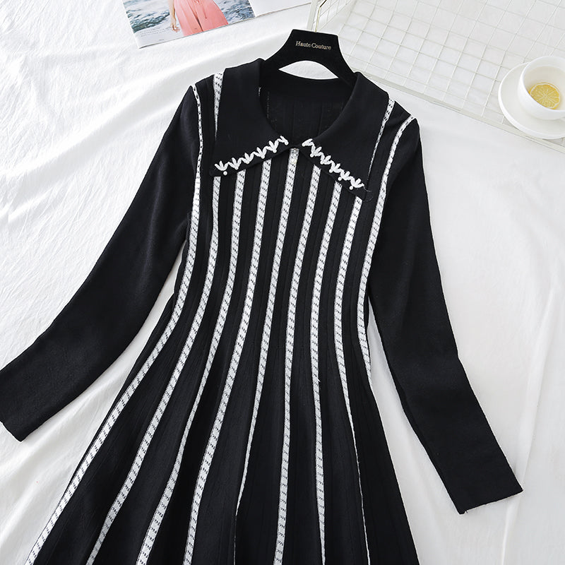 French Long Sleeve Striped fashion age reducing thin bottomed knitted skirt  3916