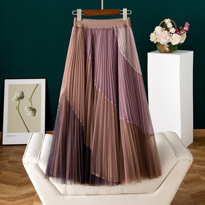 New color mesh gauze skirt, matching color splicing pleated skirt  3702