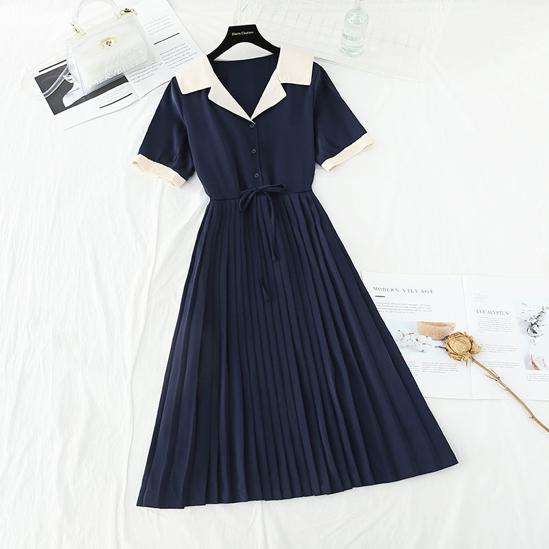 New style suit collar belt waistband slim pleated French dress  4676