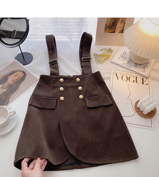 Strap skirt Korean style retro fashion double breasted high waist  5330