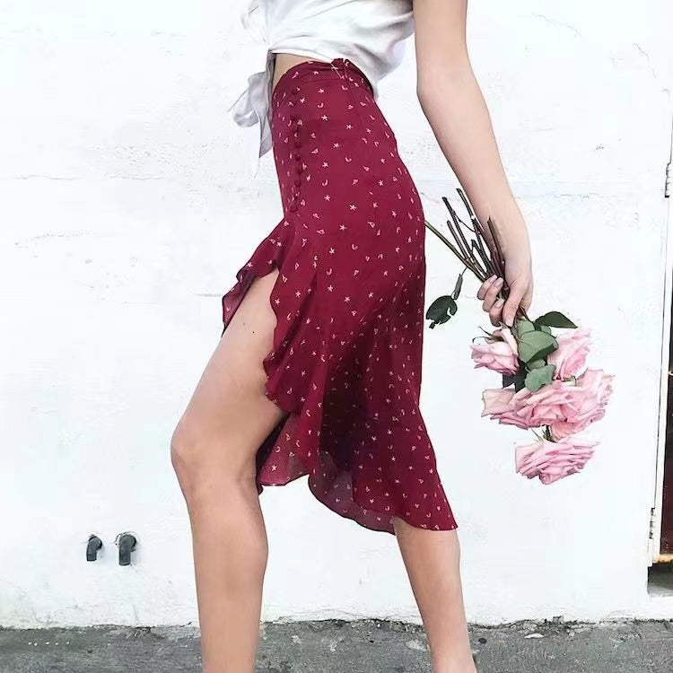 High waisted, looseflouncesprinted irregular MIDI skirt  3716