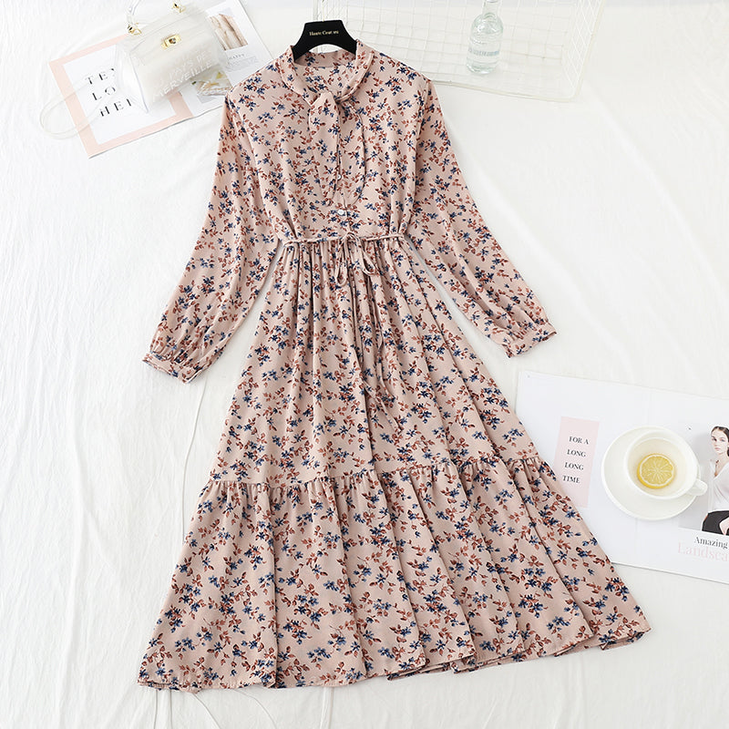 The new long sleeved chiffon skirt is sweet and slim  3913