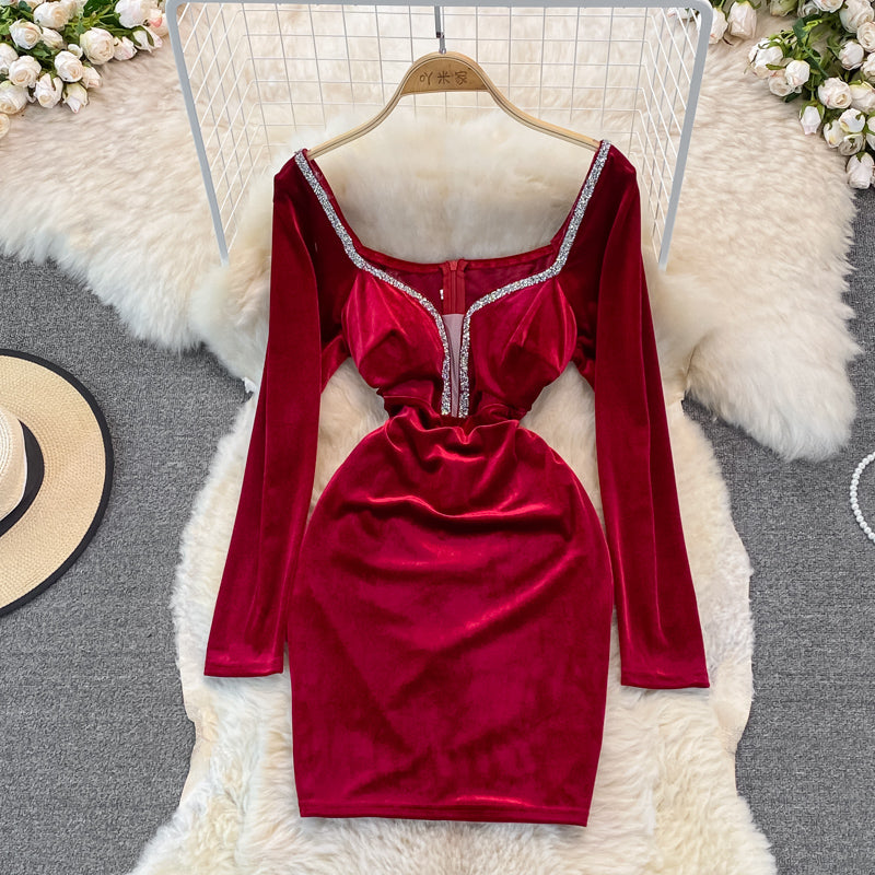 Samt mit Diamant-Temperament, schmaler Taille, sexy Hüftwickelkleid 3750