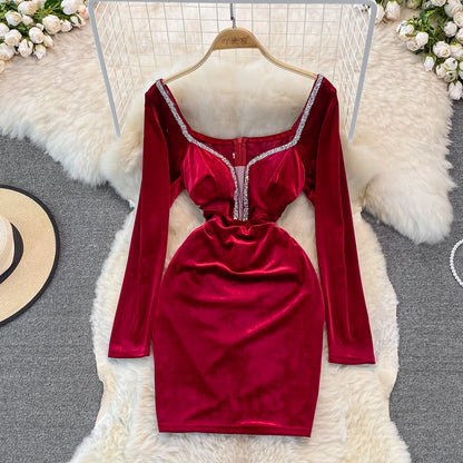 Samt mit Diamant-Temperament, schmaler Taille, sexy Hüftwickelkleid 3750