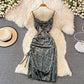 Velvet sexy swing neck long suspender drawstring split dress  3757