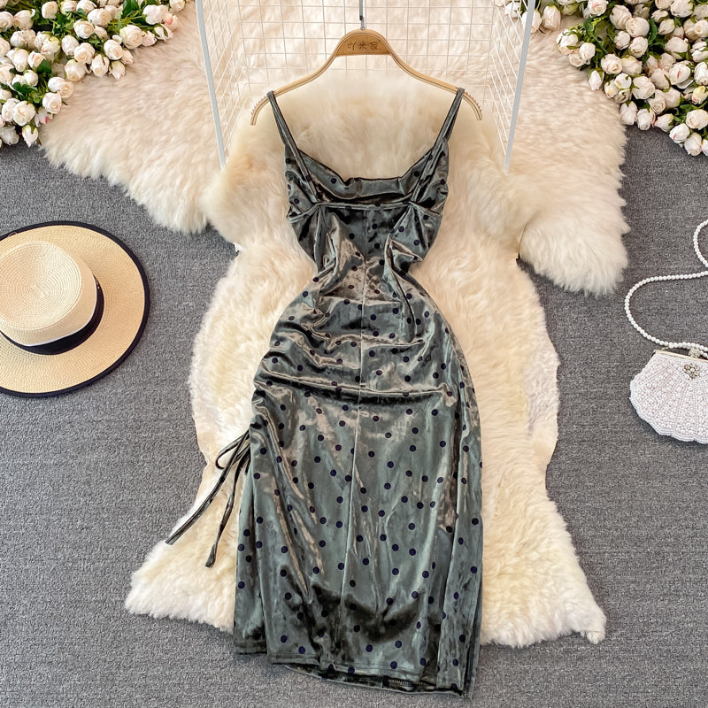 Velvet sexy swing neck long suspender drawstring split dress  3757