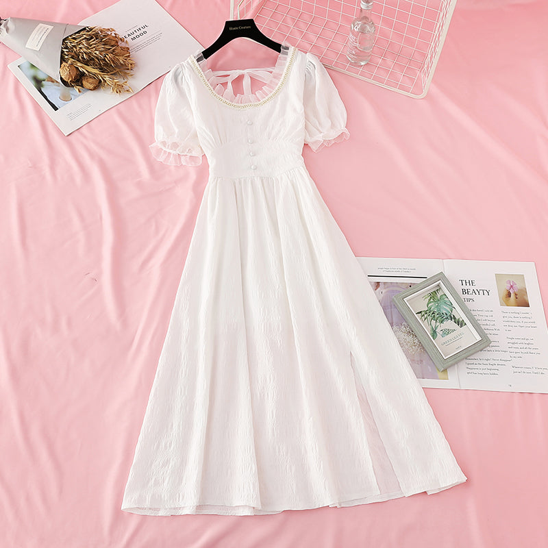 New cut waist thin split French dress  4668