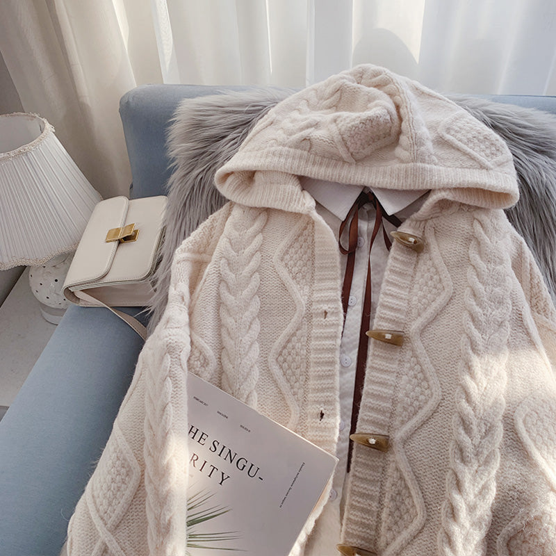 Ox horn button hooded twist sweater coat  4990