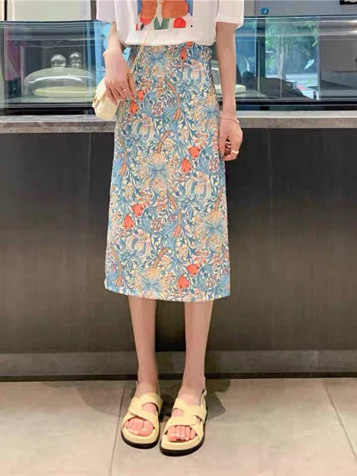 Oil painting broken flower skirt, summer, thin bodycon skirt,high waist midi skirt  3555