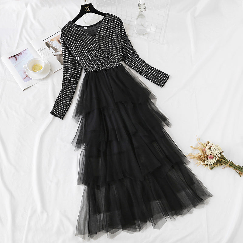 French minority skirt V-neck Sequin slim temperament  4455