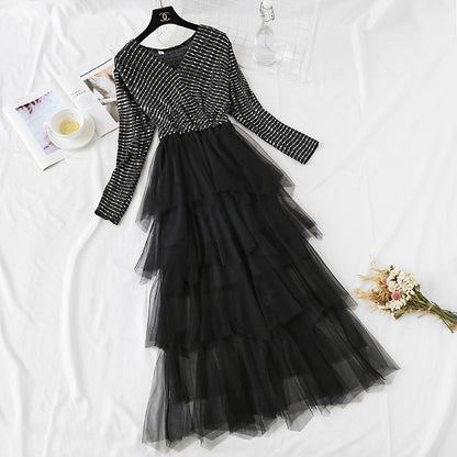 French minority skirt V-neck Sequin slim temperament  4455