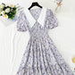 New doll collar skirt bubble sleeve floral medium length skirt  4877