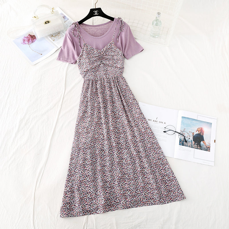 Small fresh sweet broken flower suspender dress  4587