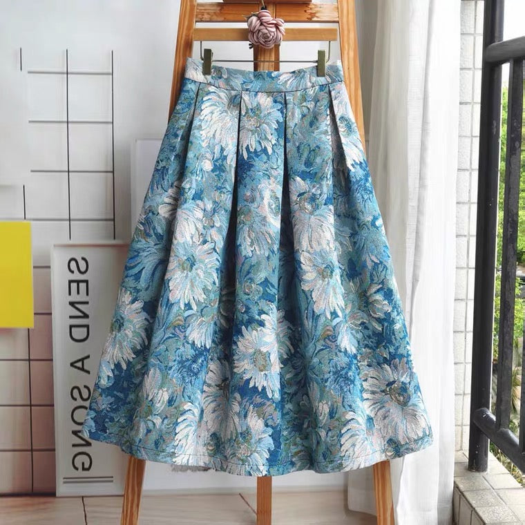 Bemalter Jacquard-Regenschirmrock mit hoher Taille, neuer Stil, bestickter blau-weißer Porzellan-Ölgemälderock, bauschiger Rock, Vintage-Rock 3546