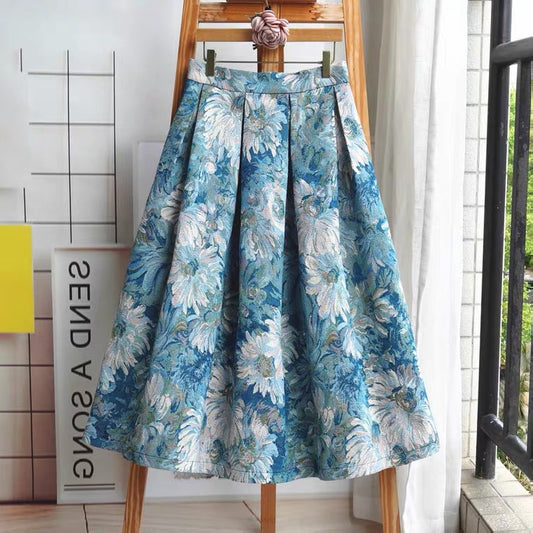Painted jacquard high waist umbrella skirt, new style, embroidered blue and white porcelain oil painting skirt, bouffant skirt, vintage skirt  3546