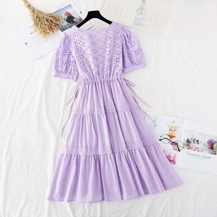 New hollow out Crochet skirt bubble sleeve French fairy dress  4510