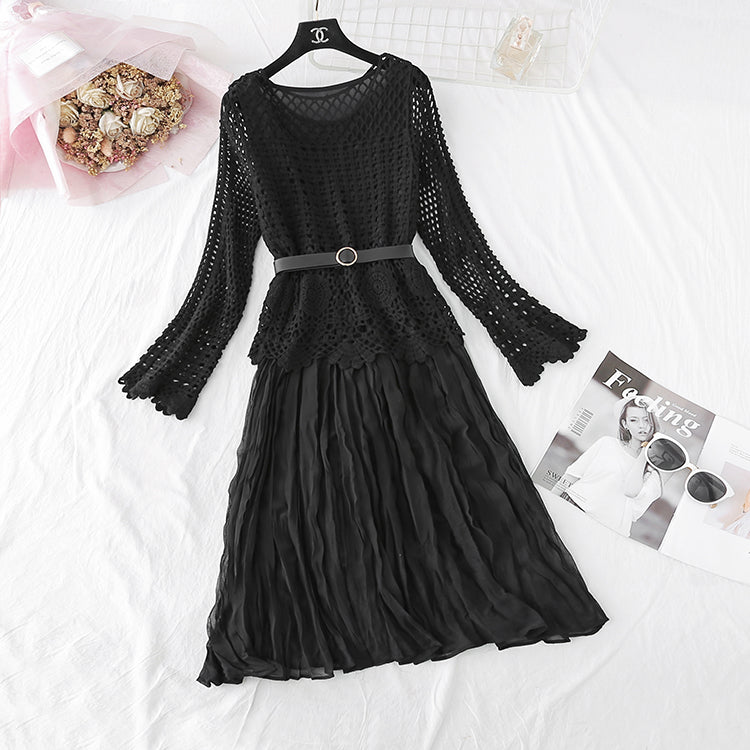 Hollowed out lace blouse Chiffon Dress  4010