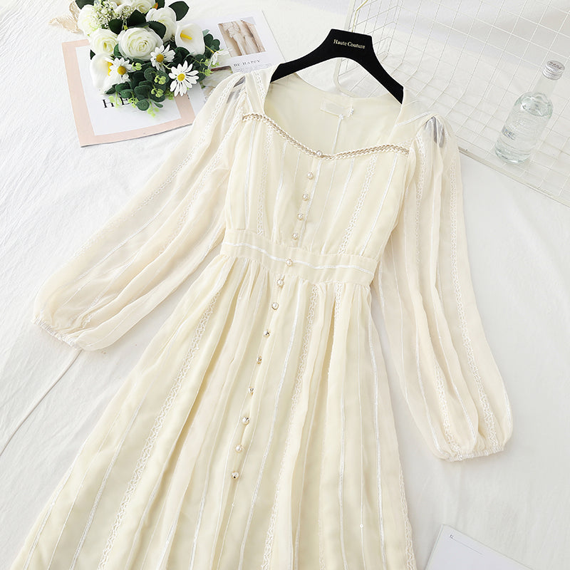 French retro V-neck waist closed thin long sleeve Knee Skirt super sweet  4759