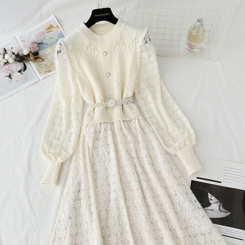 New Lace Panel Plush inner bottom skirt long  4437