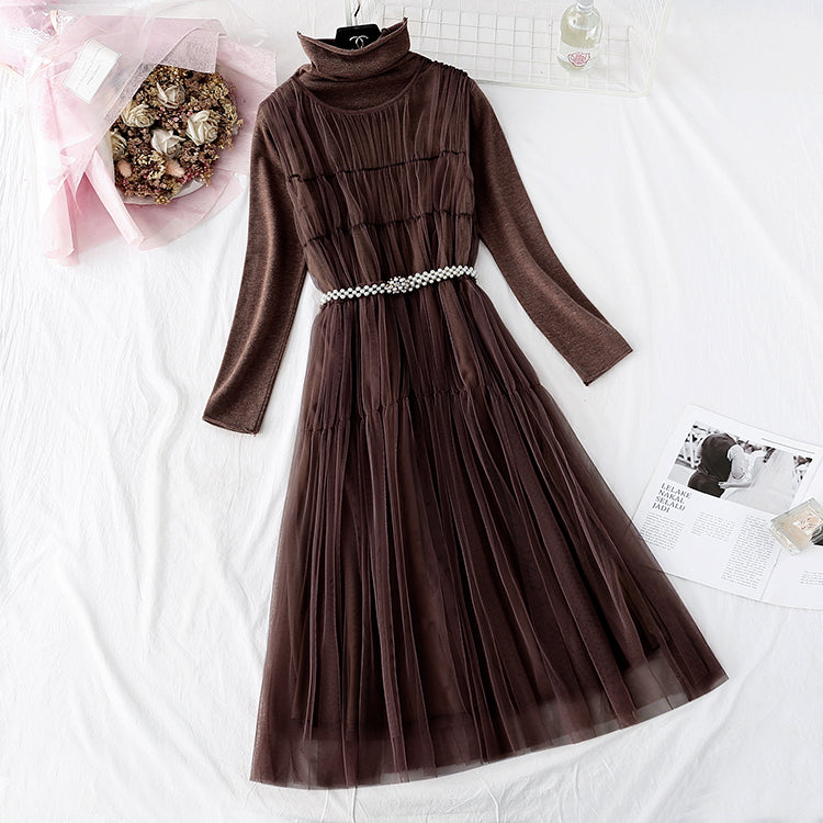 Mesh vest skirt + high neck bottomed shirt two-piece set  4376