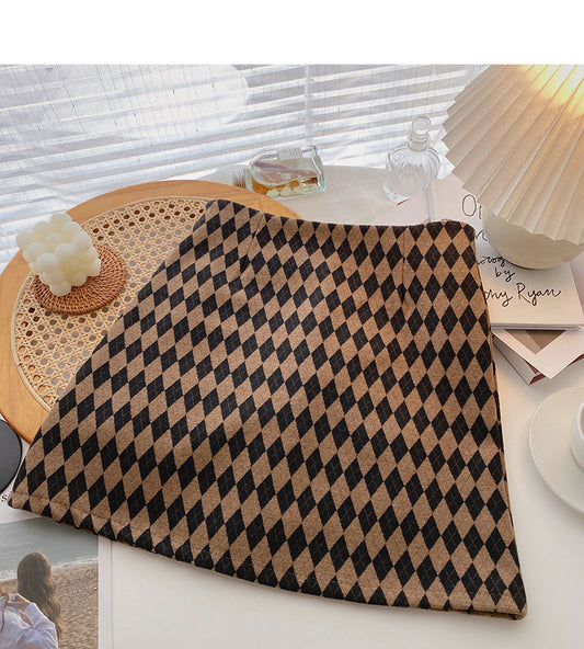Retro fashion color blocking lattice thin a-word high waist skirt  5463