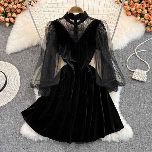 Lantern Sleeve stitched lace golden velvet cheongsam dress  3786