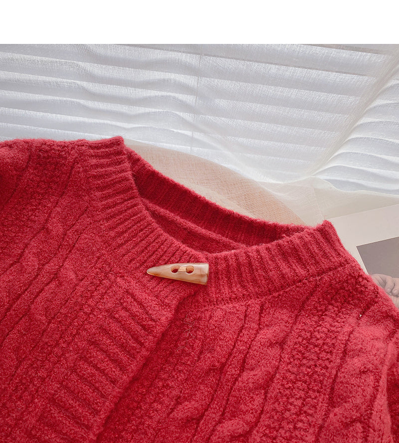 Ox horn button round neck twist sweater  6169