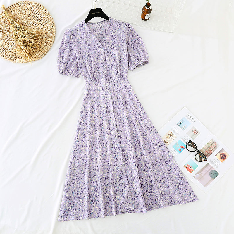New waist closing single breasted slim Chiffon French retro dress  4516