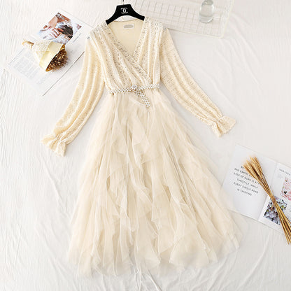 Lace dress French Vintage mesh stitched cake skirt with a slim waist  4498