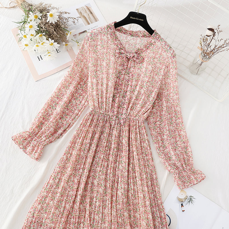 New Chiffon bow pleated skirt elastic waist thin age reducing Floral Dress  4807