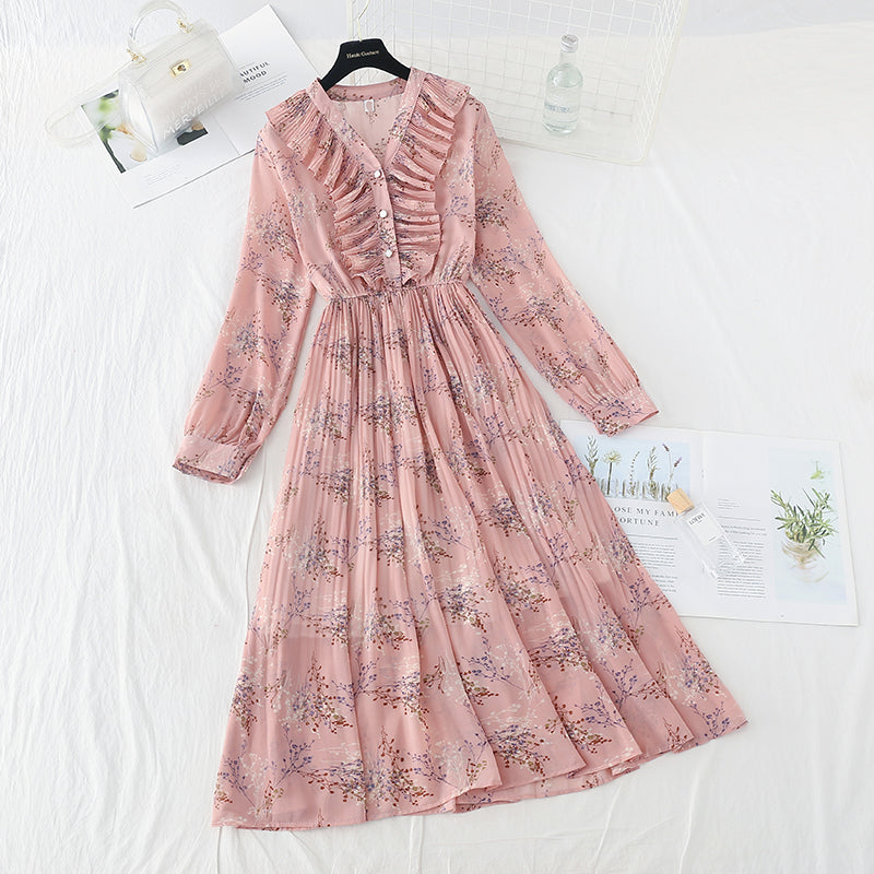 Neuer Retro-Schlank-leichter reifer windgebrochener Blumen-Falten-Fee-Chiffonrock 4718
