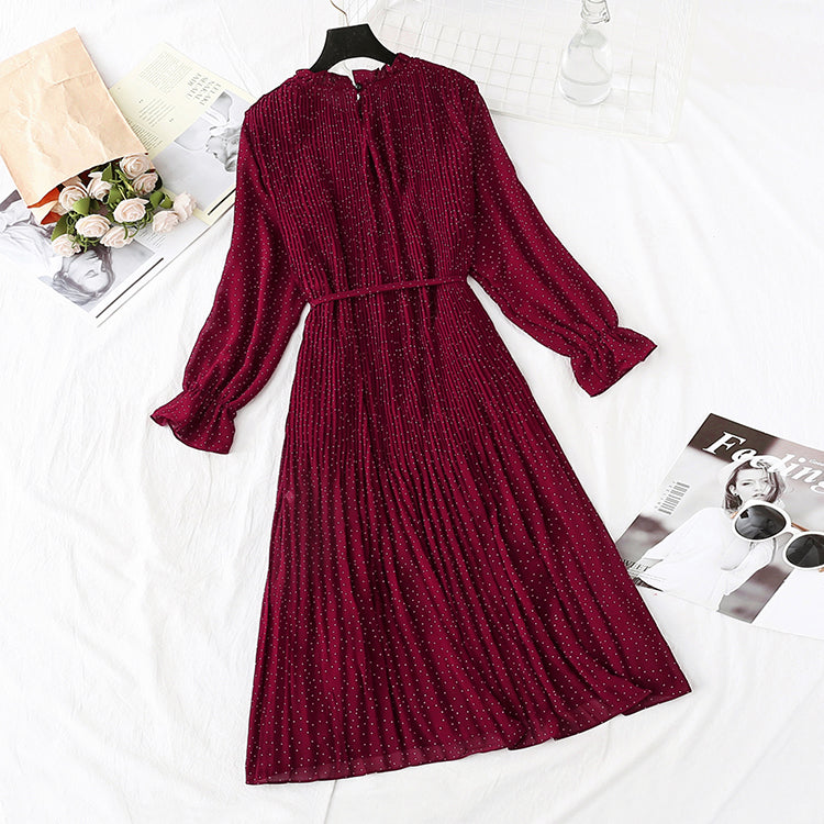 Gentle wind French retro wave point chiffon dress women  3986
