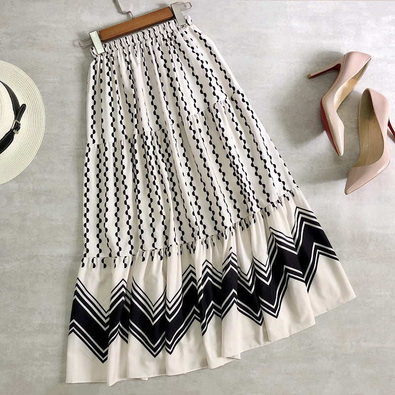 Spring skirt, spliced polka-dot flounce cake skirt, long skirt, wavy A-line skirt  3692