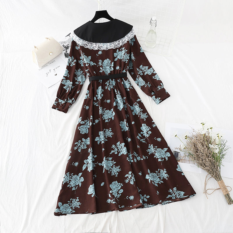 Gentle wind Vintage Lapel lace stitched Chiffon Skirt  4095