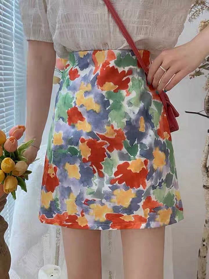 Personality ink bodyocn skirt, temperament, gentle high waist skirt, versatile A-line skirt  3557