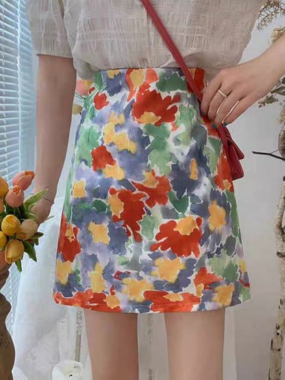 Personality ink bodyocn skirt, temperament, gentle high waist skirt, versatile A-line skirt  3557