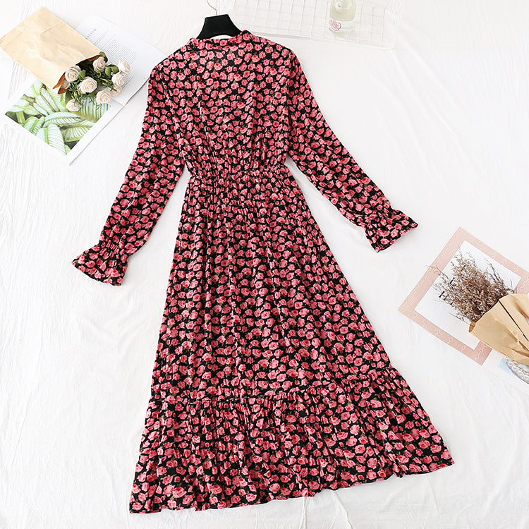 Retro broken flower pleated Korean version waist fairy long skirt  3814