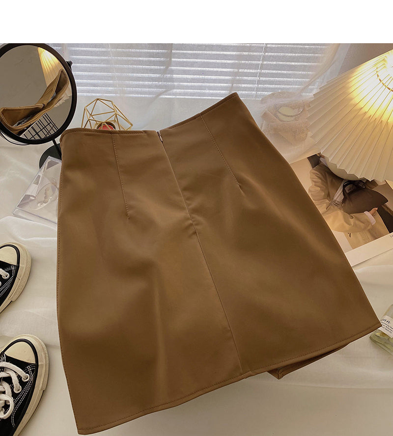 Irregular design, slim hips, high waist A-shaped small leather skirt  5521
