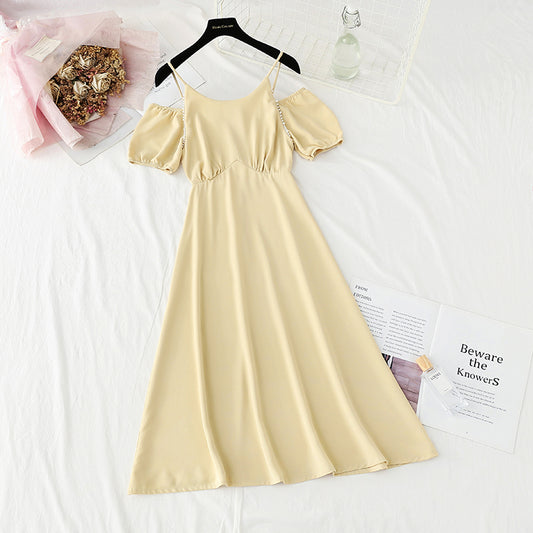 Neuer französischer schulterfreier Schlingenrock aus Chiffon mit Blasenärmeln 4870