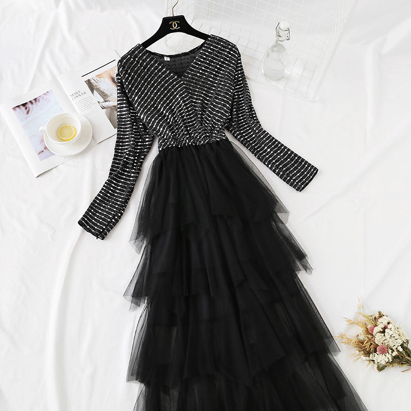 French minority skirt V-neck Sequin slim temperament  4455