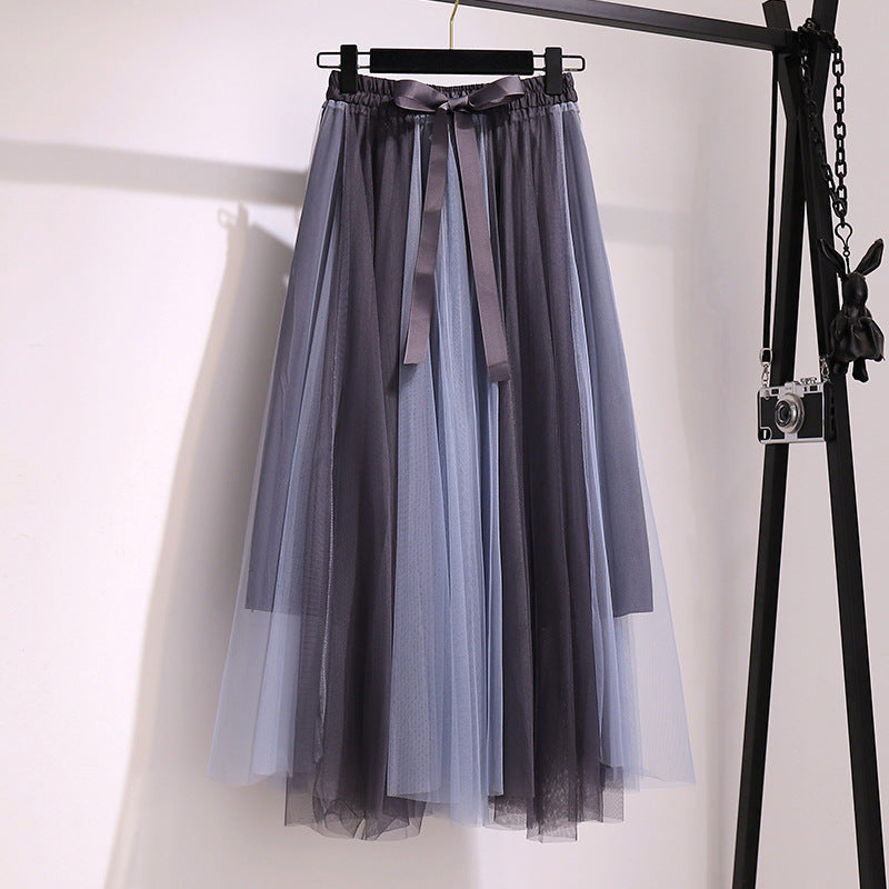patchwork belt large drape feeling gauze skirt  3684