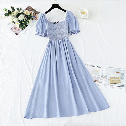 Französisches Retro-Kleid mit eckigem Ausschnitt und Blasenärmeln, Spitzenkante 4271