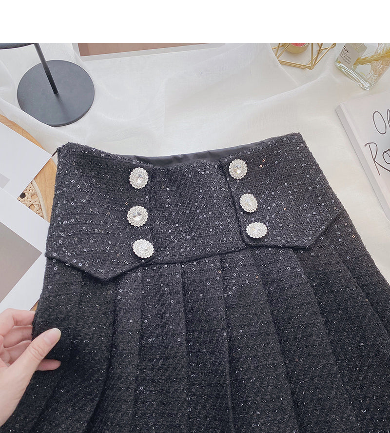Pleated skirt women's diamond studded high waist Sequin A-line skirt  5390