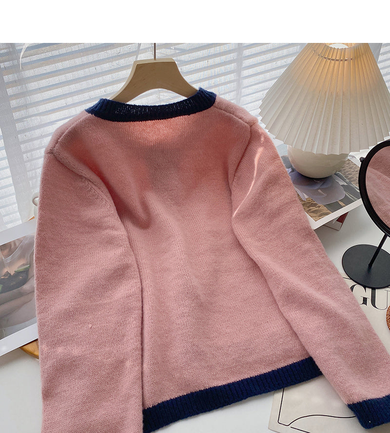 Western style casual color matching single breasted round neck top  6017