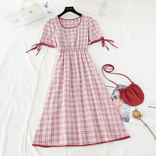 Fresh lace up, thin and high temperament, square neck Plaid Dress  4210