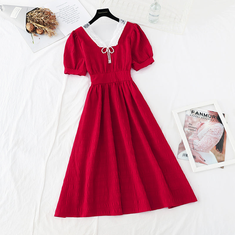 Pearl Square Neck skirt with a slim waist French dress  4190