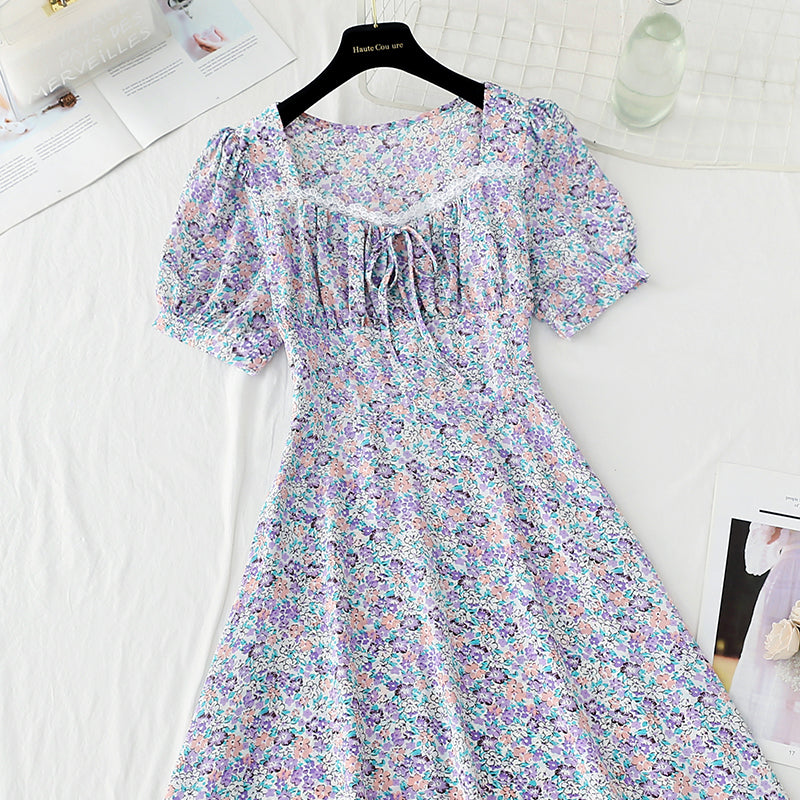 New style gentle wind sweet square collar lace temperament small skirt  4860