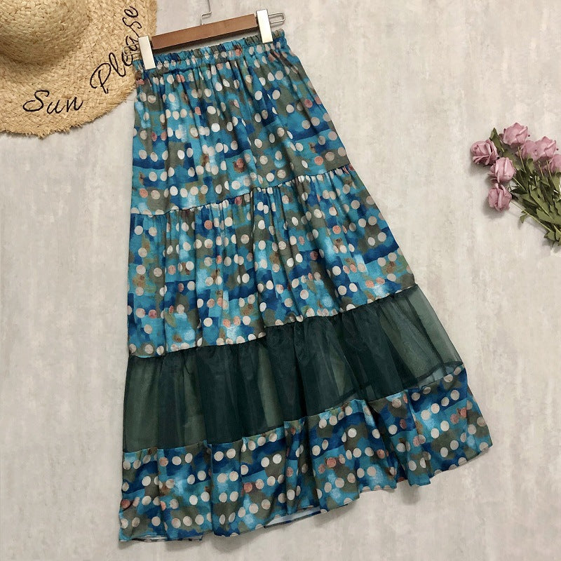 polka dot print splicing mesh drape feeling gauze skirt  3688