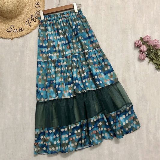 polka dot print splicing mesh drape feeling gauze skirt  3688