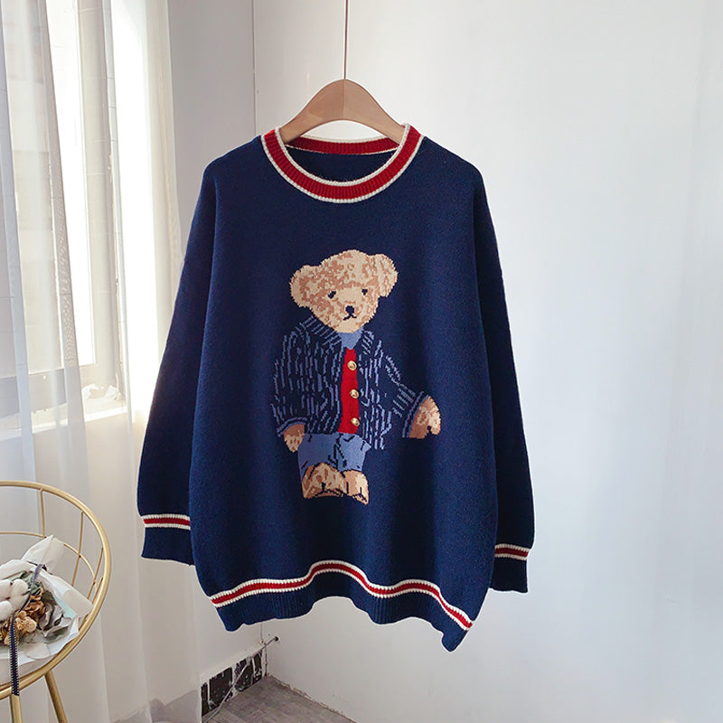 Pullover im College-Stil mit niedlichem Cartoon-Bär und Rundhalsausschnitt 4935